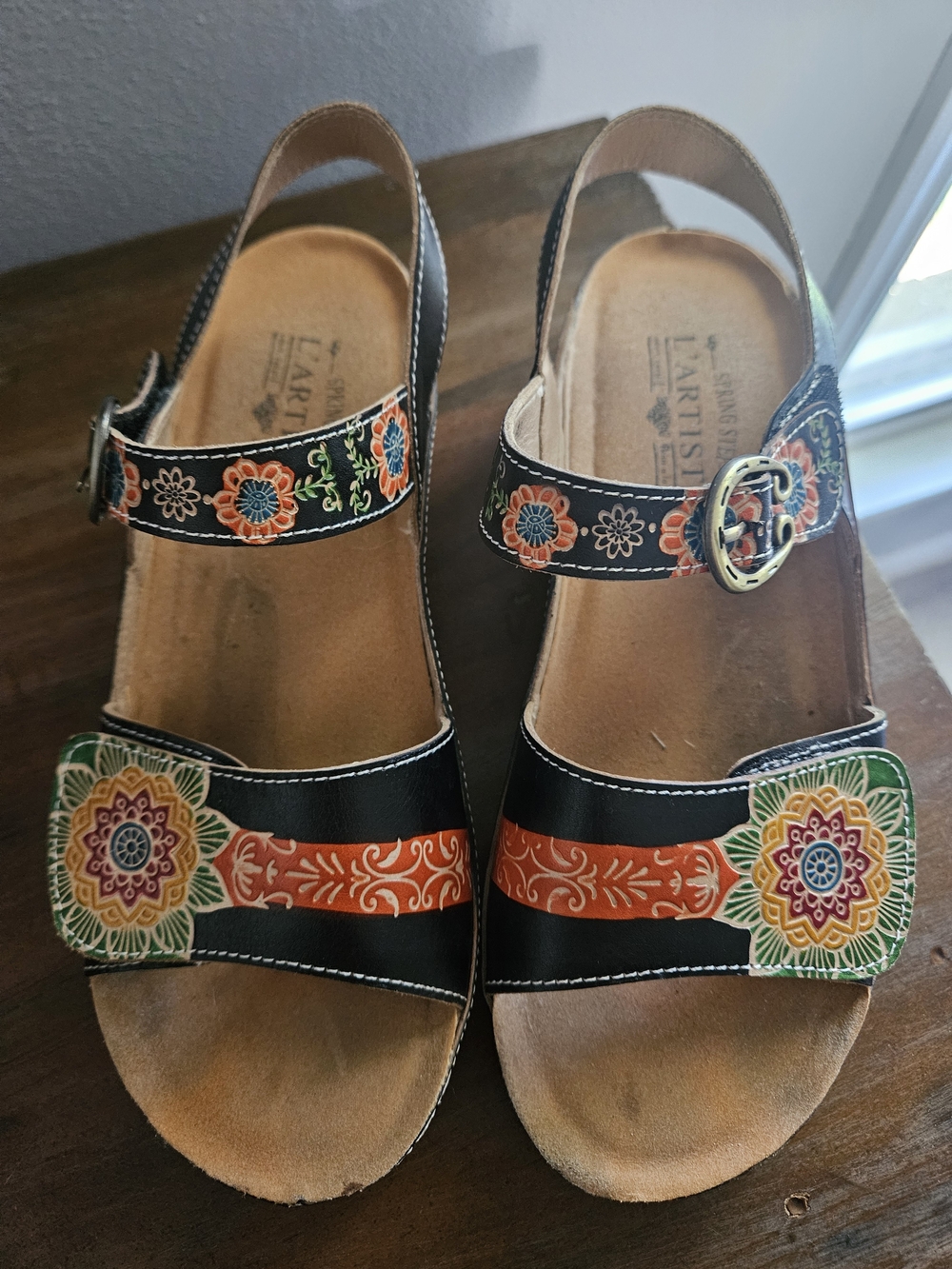 The Artiste by Spring Step Women's Black Handpained Leather Floral Sandals EU 40